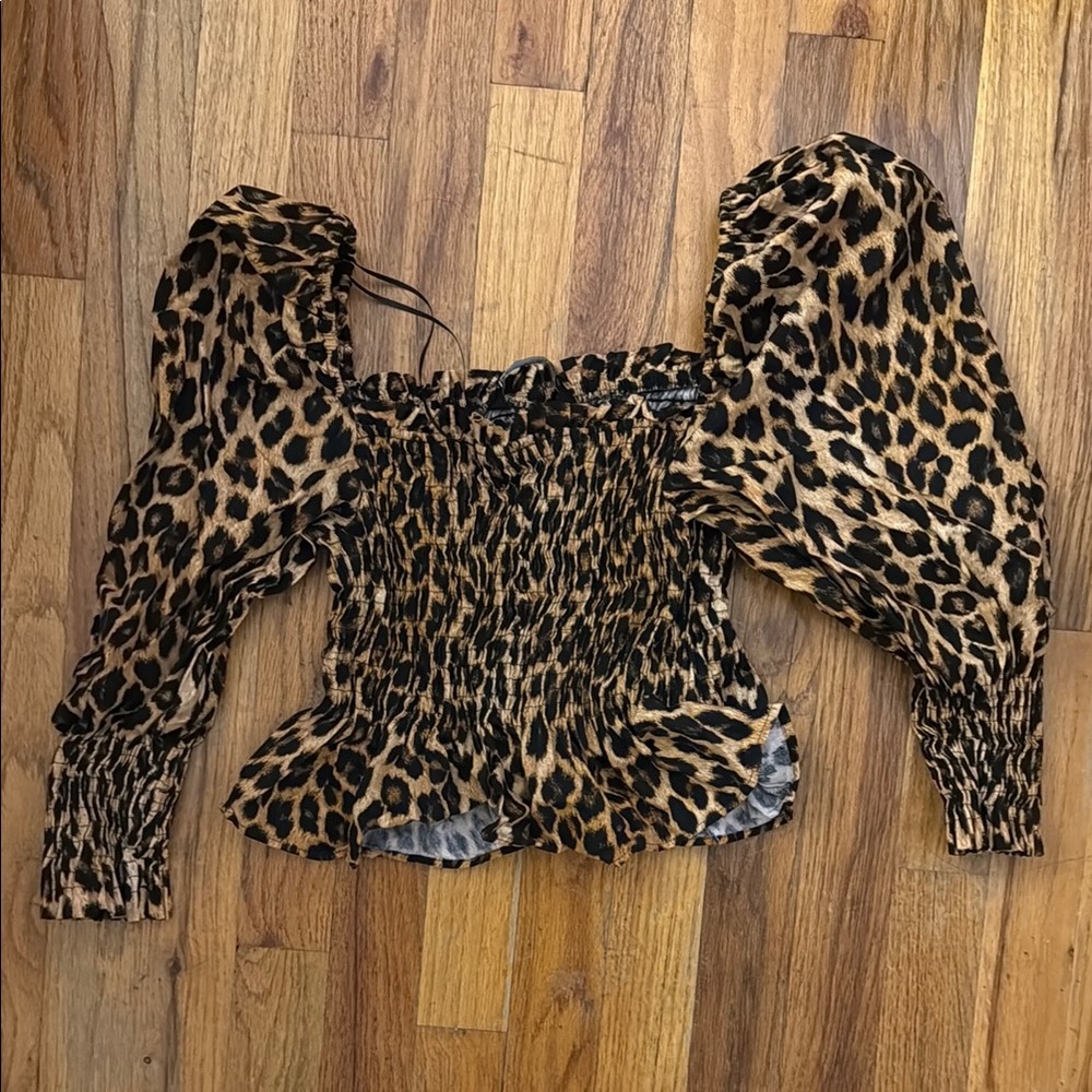 Zara Puff Sleeve Smocked Blouse in Brown and Black